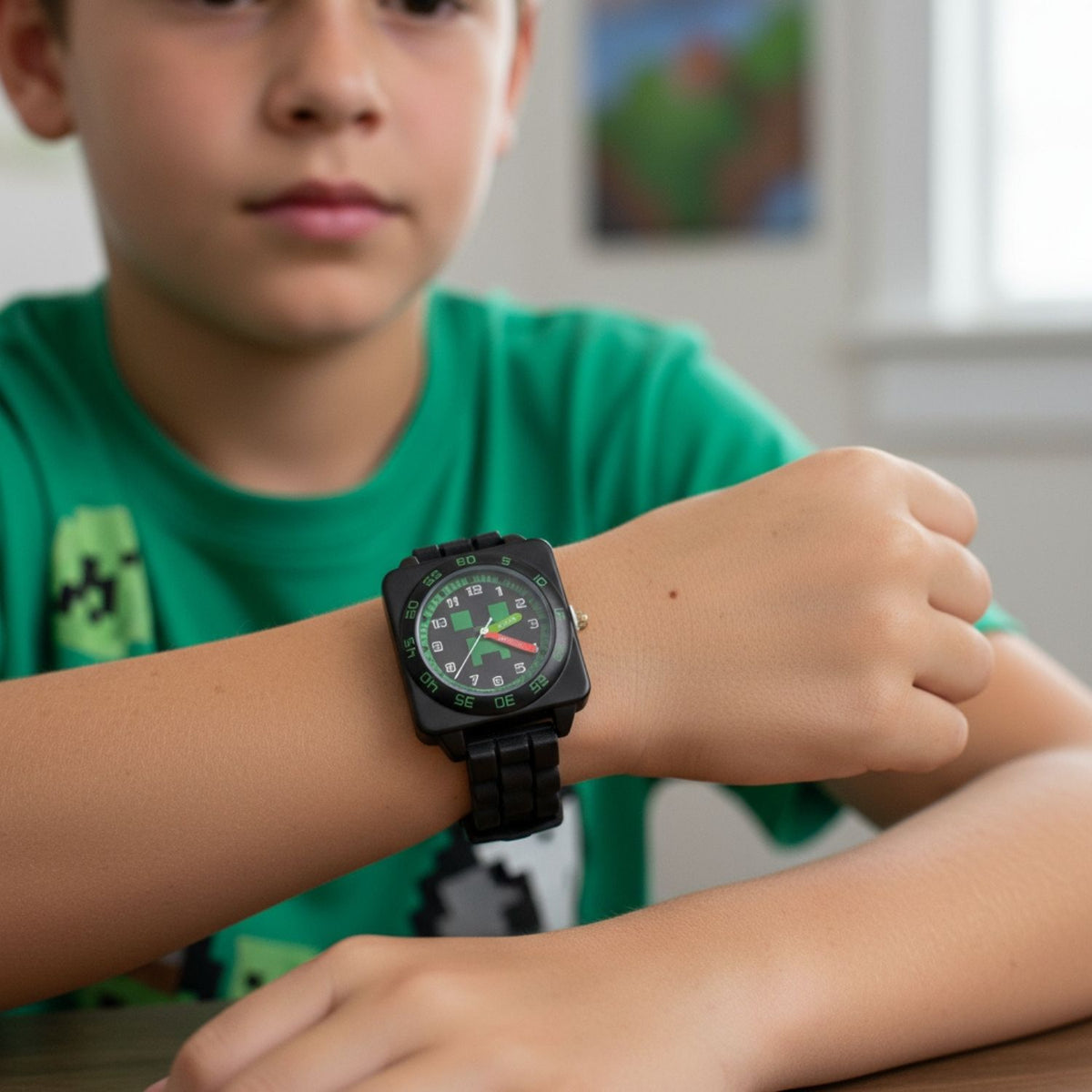Kids wearing Minecraft time teacher watch designed for learning to tell the time