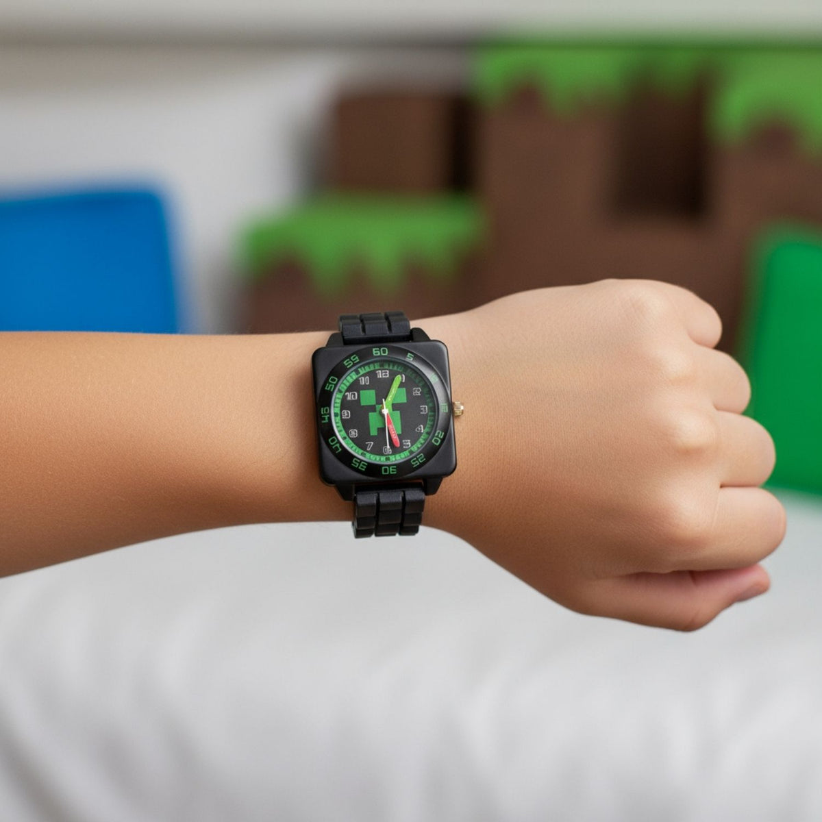 Kids wearing Minecraft time teacher watch designed for learning to tell the time