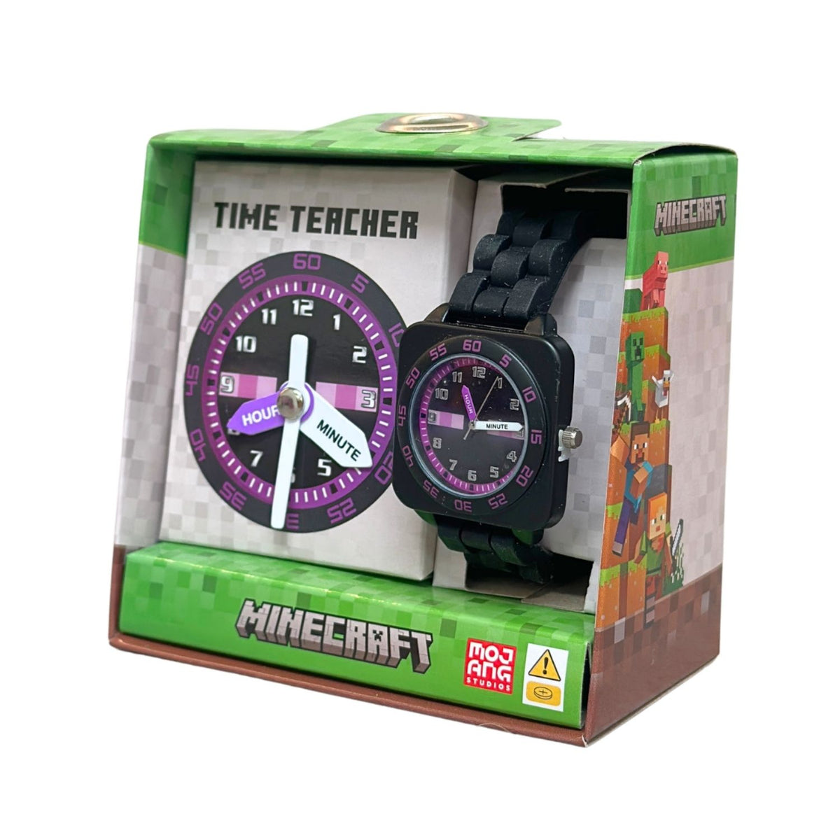 Minecraft Enderman kids time teacher watch with black strap and labelled hour and minute hands. This Minecraft Enderman time teacher watch helps kids learn to tell the time with an easy-read analogue dial and clearly labelled hour and minute hands.