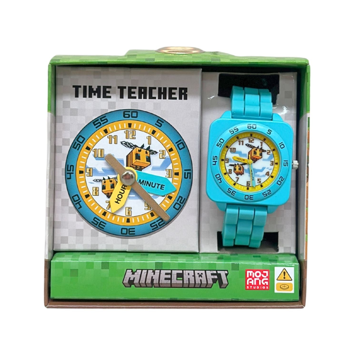 Minecraft Bee kids time teacher watch with blue strap and labelled hour and minute hands. This Minecraft Bee time teacher watch helps kids learn to tell the time with an easy-read analogue dial and clearly labelled hour and minute hands.