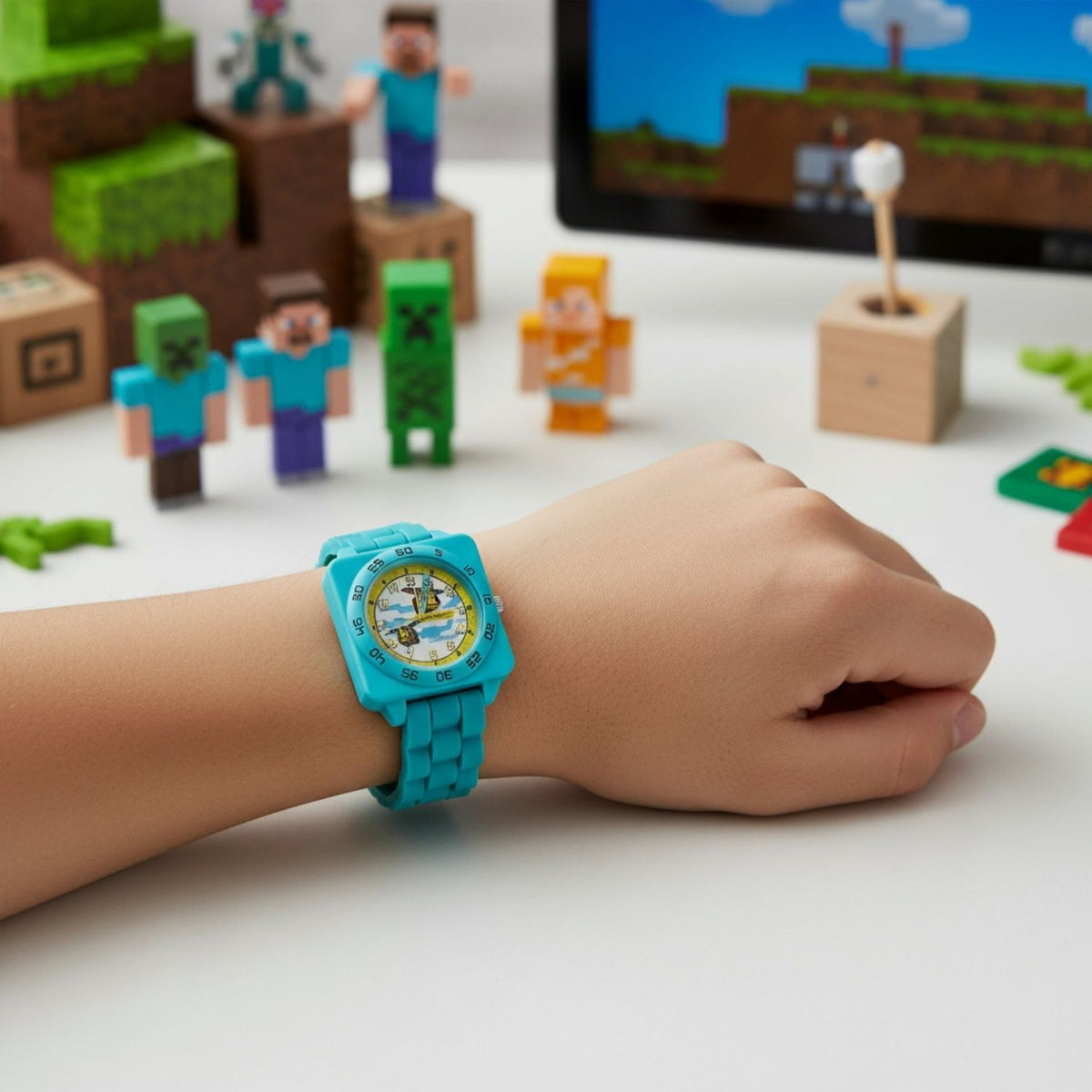 Kids wearing Minecraft Bee time teacher watch designed for learning to tell the time