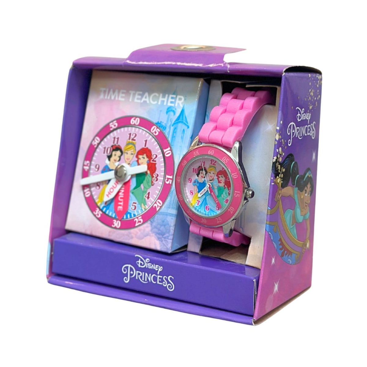 Disney Princesses kids time teacher watch with pink strap and labelled hour and minute hands. This Disney Princesses time teacher watch helps kids learn to tell the time with an easy-read analogue dial and clearly labelled hour and minute hands.