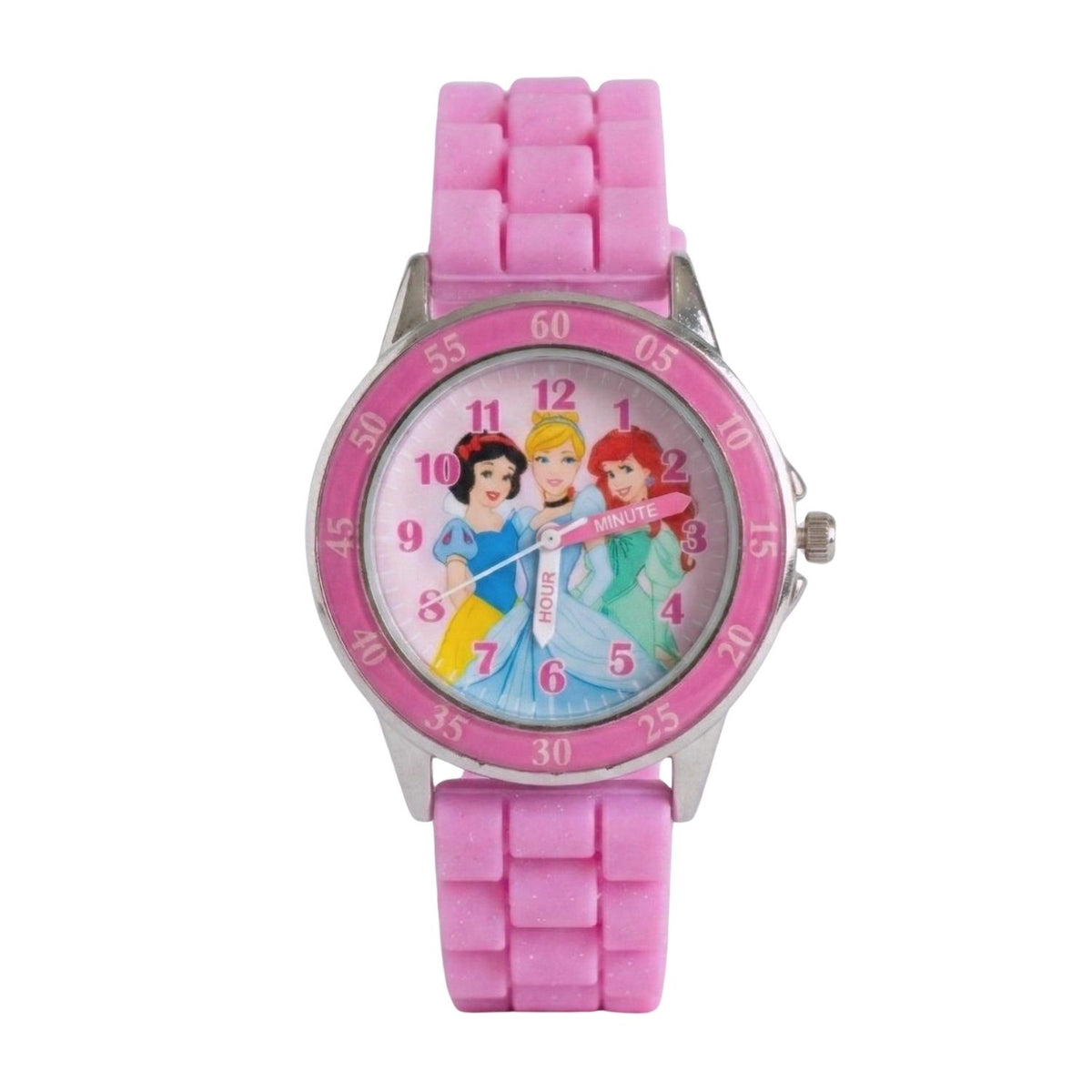Disney Princesses kids time teacher watch with labelled hour and minute hands, pink  strap and easy read analogue dial. A brilliant educational gift for kids, helping build confidence while learning an essential life skill.
