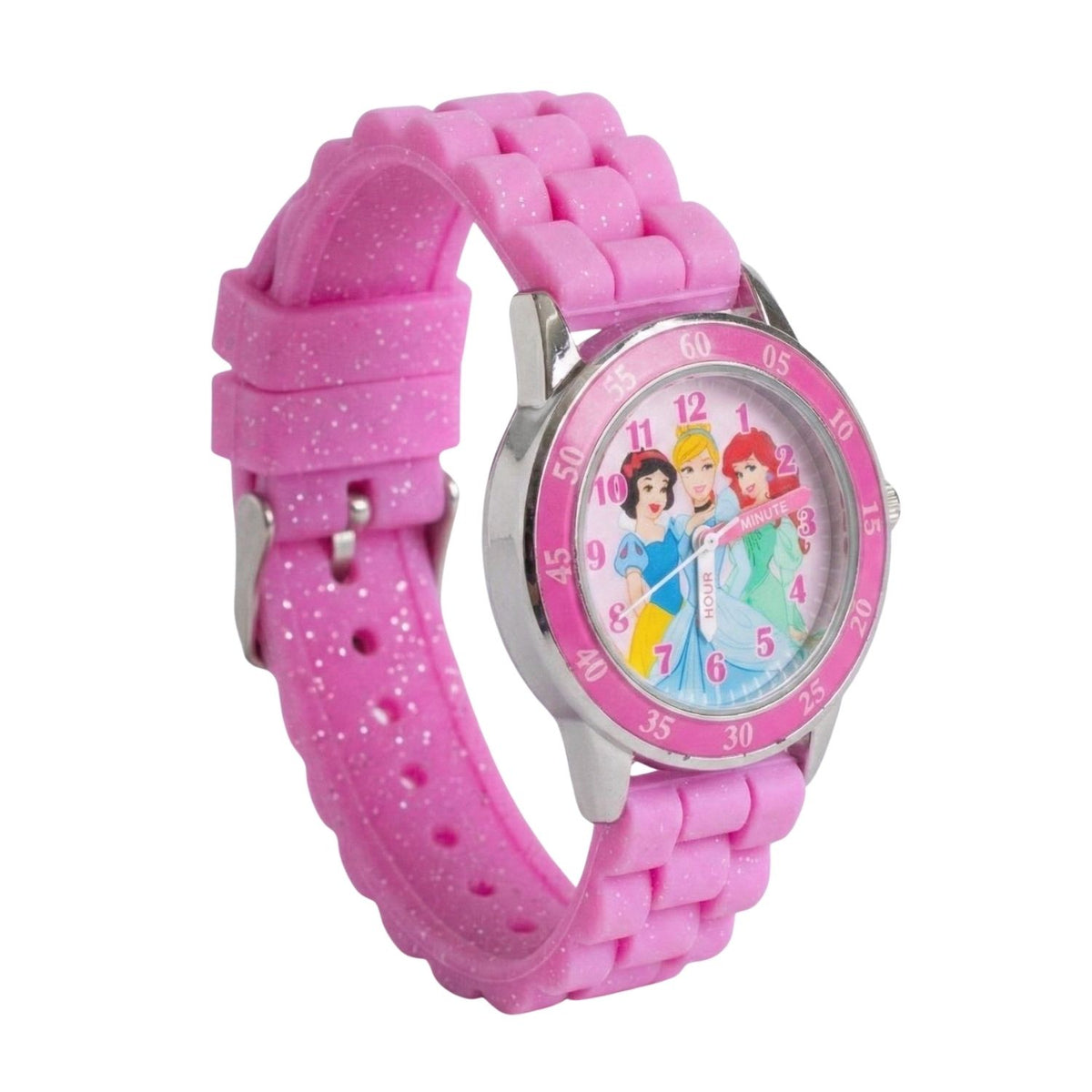 Disney Princesses kids time teacher watch with labelled hour and minute hands, pink  strap and easy read analogue dial. A brilliant educational gift for kids, helping build confidence while learning an essential life skill.
