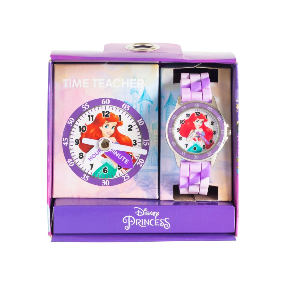 Disney Princess Ariel kids time teacher watch with purple strap and labelled hour and minute hands. This Disney Princess Ariel time teacher watch helps kids learn to tell the time with an easy-read analogue dial and clearly labelled hour and minute hands.