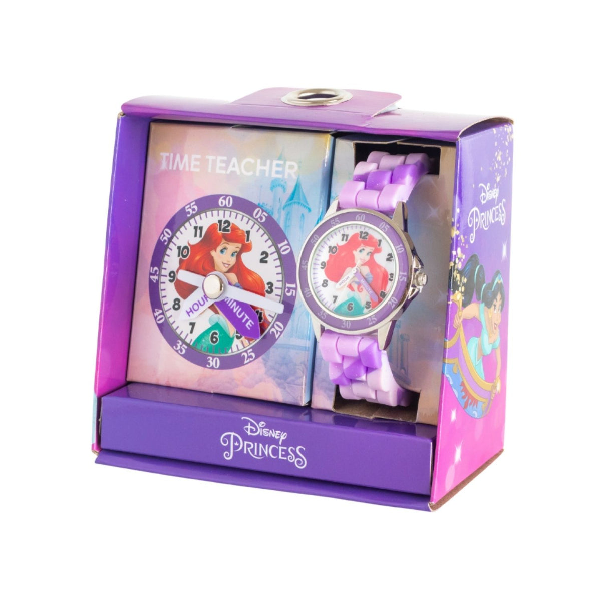 Disney Princess Ariel kids time teacher watch with purple strap and labelled hour and minute hands. This Disney Princess Ariel time teacher watch helps kids learn to tell the time with an easy-read analogue dial and clearly labelled hour and minute hands.