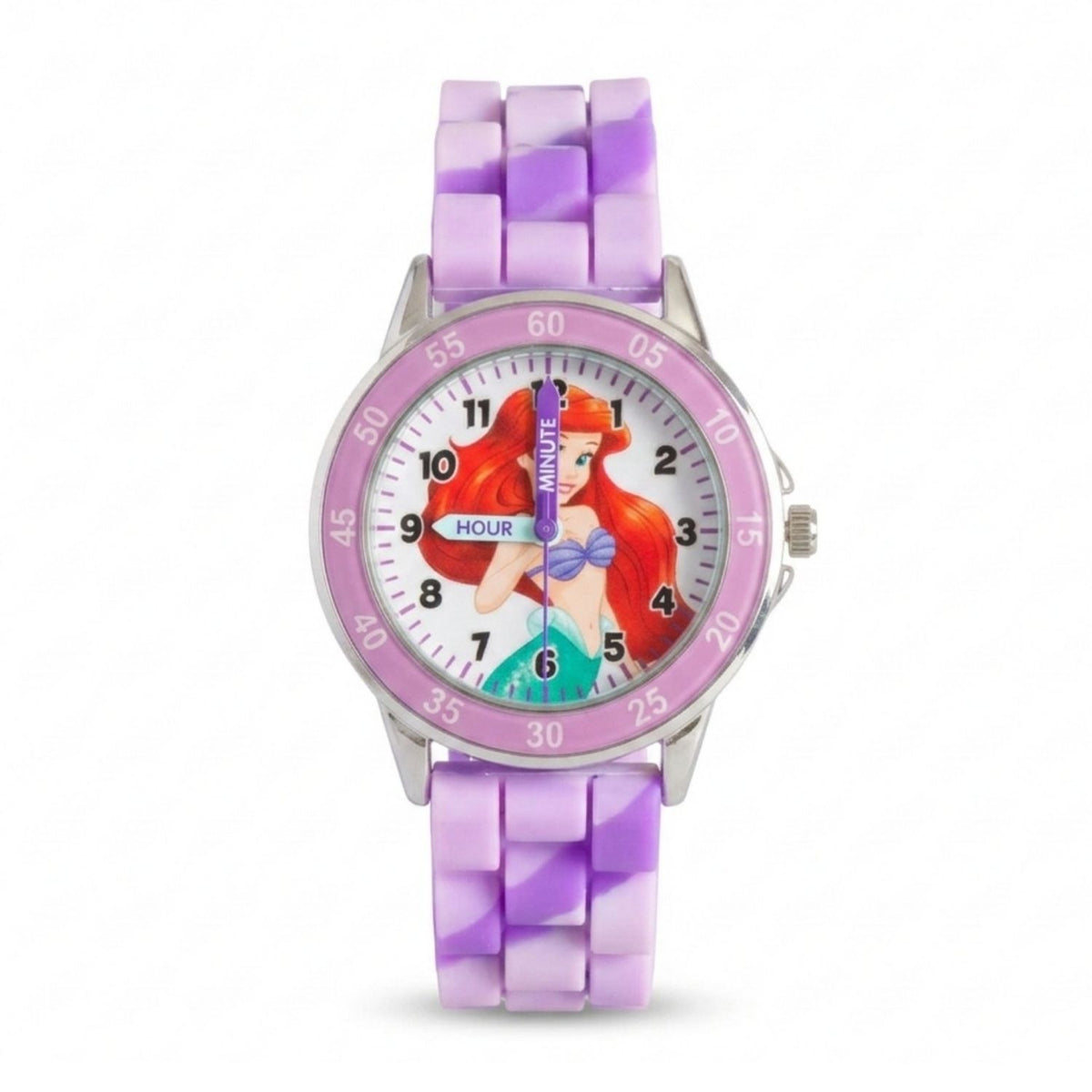 Disney Princess Ariel kids time teacher watch with labelled hour and minute hands, purple strap and easy read analogue dial. A brilliant educational gift for kids, helping build confidence while learning an essential life skill.
