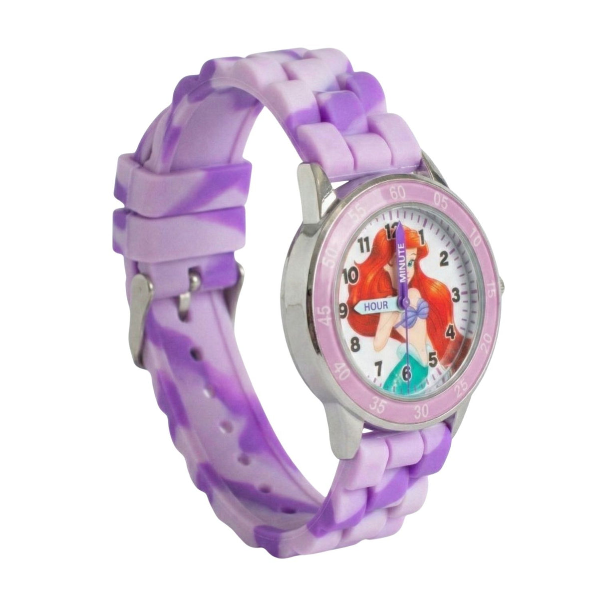 Disney Princess Ariel kids time teacher watch with labelled hour and minute hands, purple strap and easy read analogue dial. A brilliant educational gift for kids, helping build confidence while learning an essential life skill.