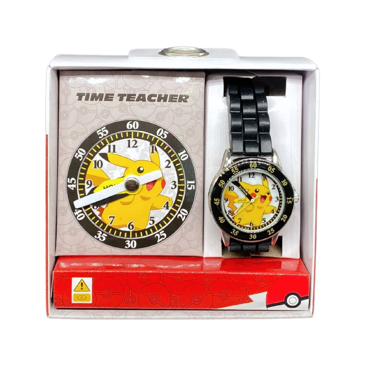 Pikachu kids time teacher watch with black strap and labelled hour and minute hands. This Pikachu time teacher watch helps kids learn to tell the time with an easy-read analogue dial and clearly labelled hour and minute hands.