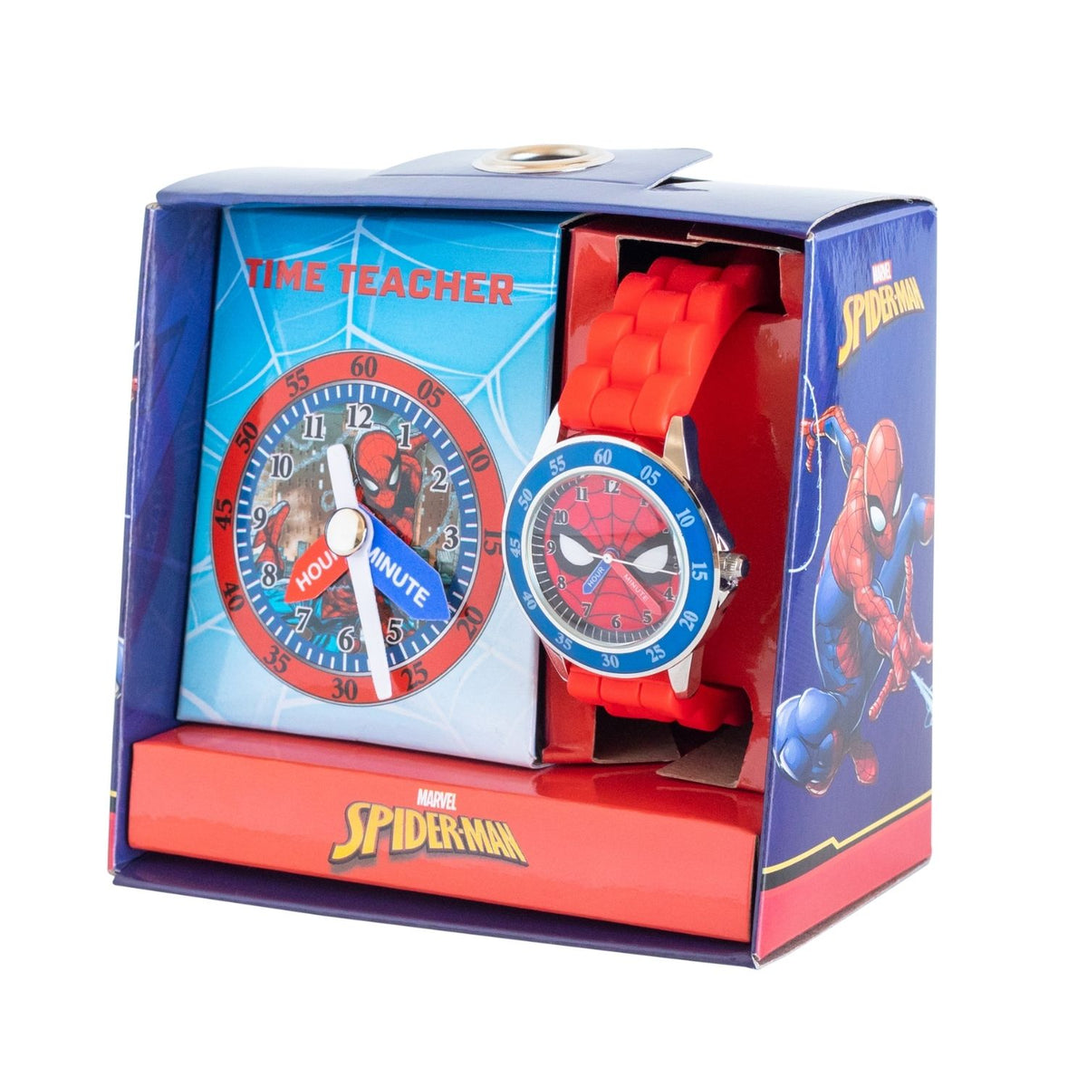 Spiderman kids time teacher watch with red strap and labelled hour and minute hands. This Spiderman time teacher watch helps kids learn to tell the time with an easy-read analogue dial and clearly labelled hour and minute hands.