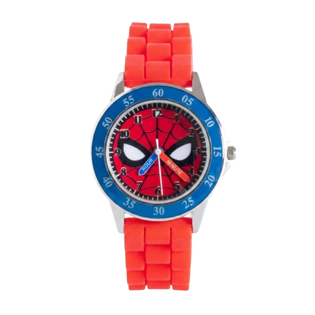 Spiderman kids time teacher watch with labelled hour and minute hands, red strap and easy read analogue dial. A brilliant educational gift for kids, helping build confidence while learning an essential life skill.