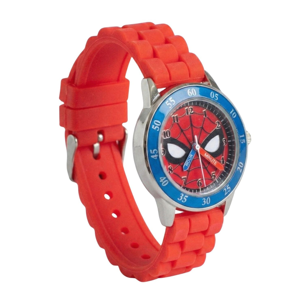 Spiderman kids time teacher watch with labelled hour and minute hands, red strap and easy read analogue dial. A brilliant educational gift for kids, helping build confidence while learning an essential life skill.