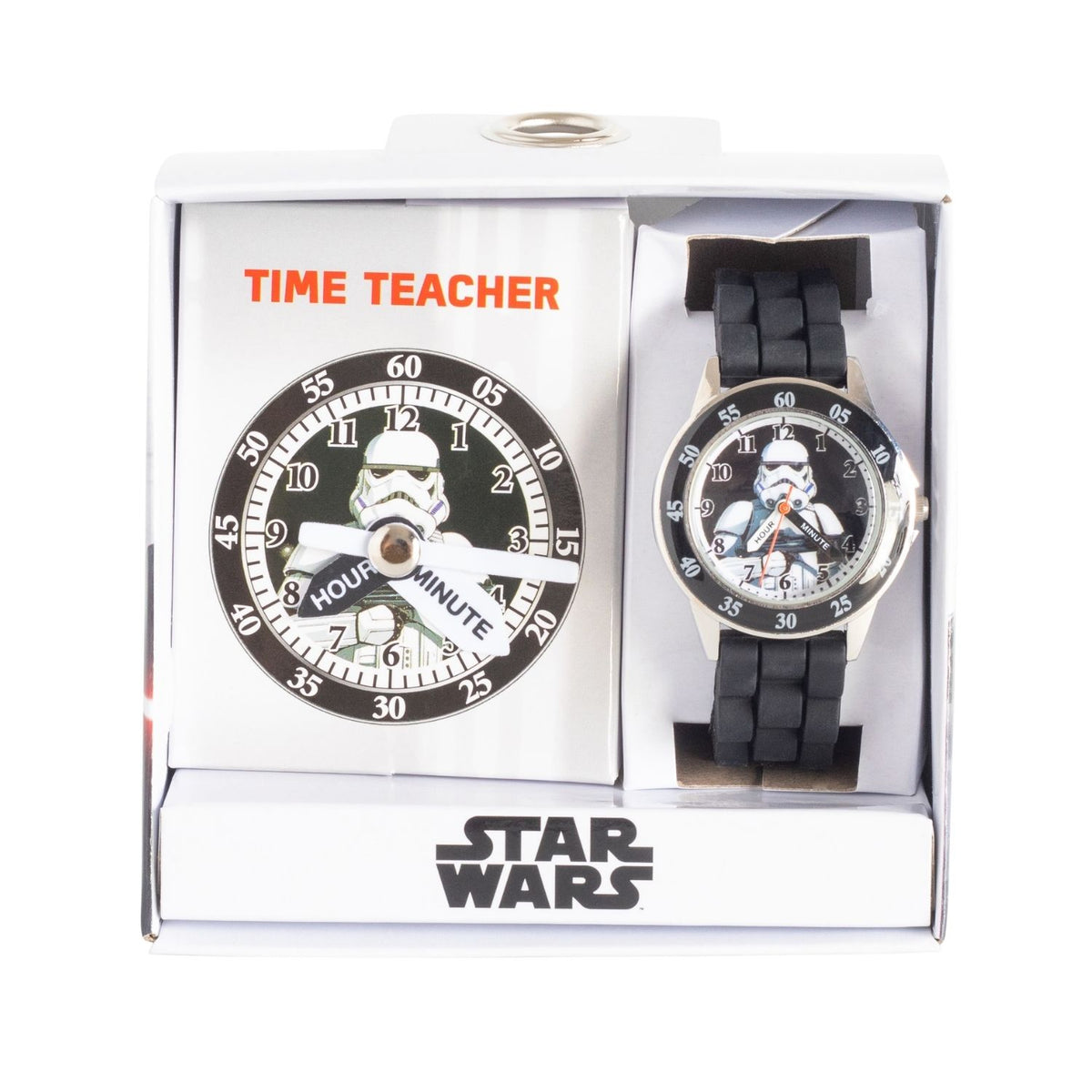 Star Wars Storm Trooper kids time teacher watch with black strap and labelled hour and minute hands. This Star Wars Storm Trooper time teacher watch helps kids learn to tell the time with an easy-read analogue dial and clearly labelled hour and minute hands.