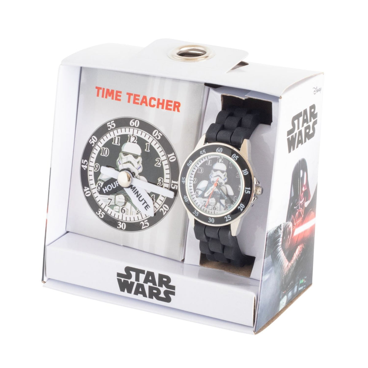 Star Wars Storm Trooper kids time teacher watch with black strap and labelled hour and minute hands. This Star Wars Storm Trooper time teacher watch helps kids learn to tell the time with an easy-read analogue dial and clearly labelled hour and minute hands.