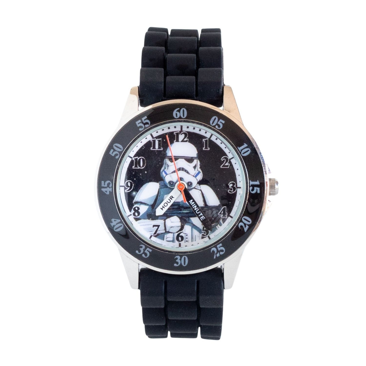 Star Wars Storm Trooper kids time teacher watch with labelled hour and minute hands, black strap and easy read analogue dial. A brilliant educational gift for kids, helping build confidence while learning an essential life skill.
