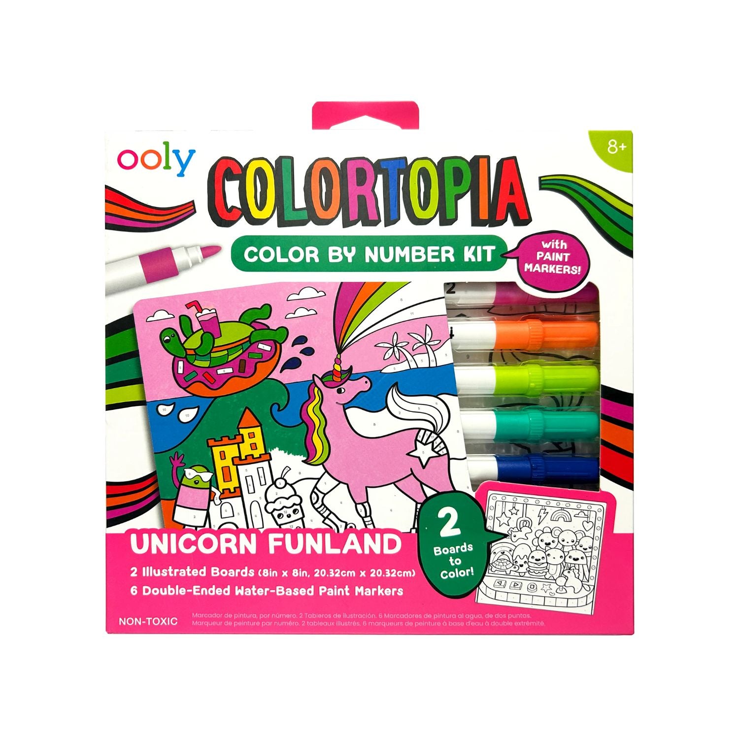 Ooly Colortopia Color by Number Kit packaging with markers and illustrations on a white background