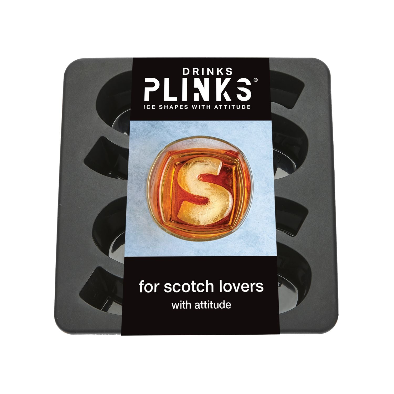 Plinks ice cube tray with a Scotch-themed design on a white background