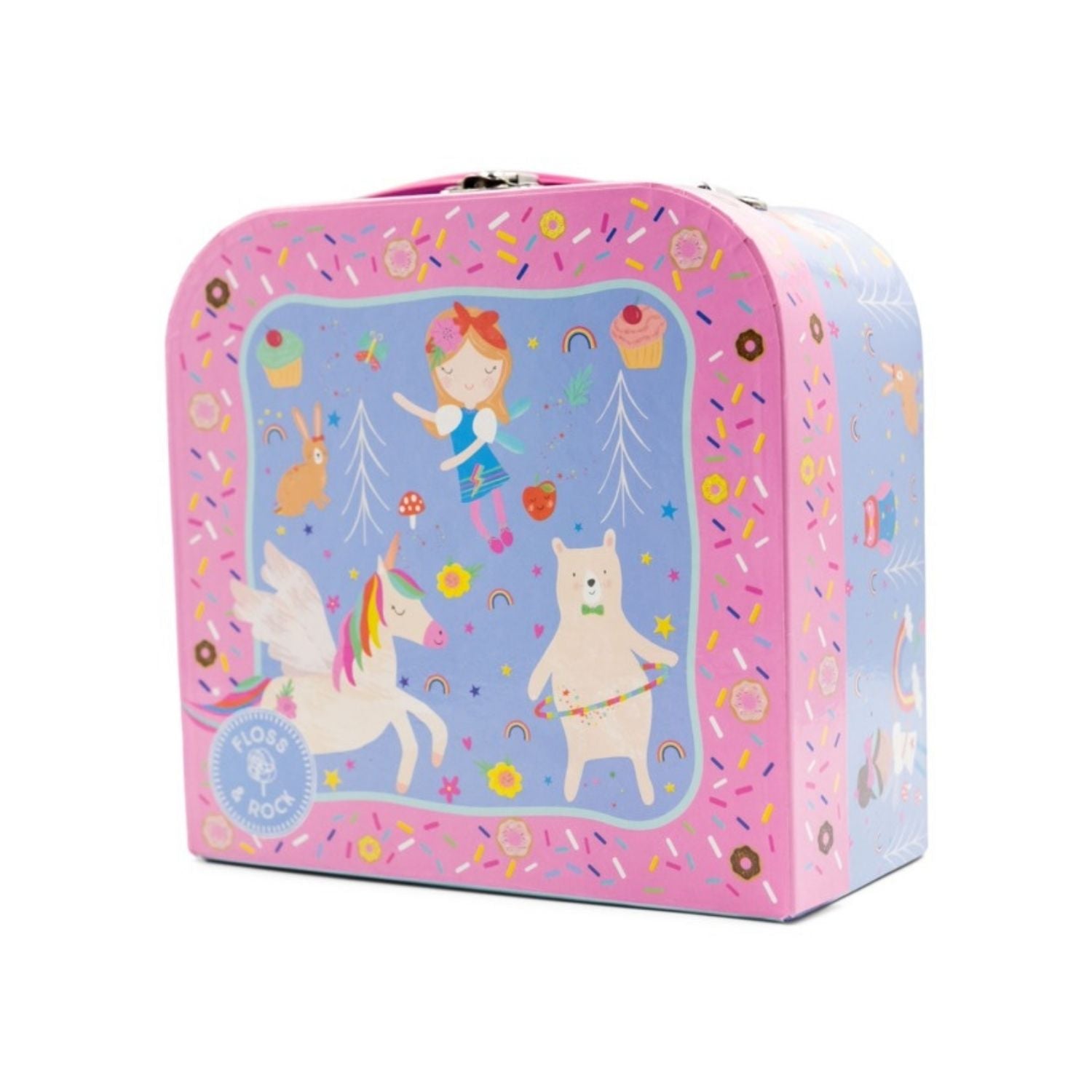 A Rainbow Fairy themed tin tea set in a colorful box with illustrations of fairies and animals. The set includes a teapot, cups, saucers, and a tray.