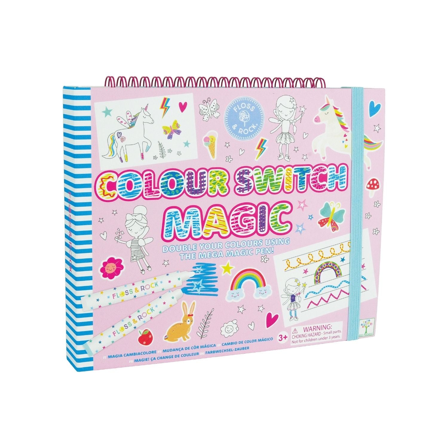 A colorful art and craft activity book titled 'Colour Switch Magic' featuring various drawings and designs, with pens and other craft materials included.