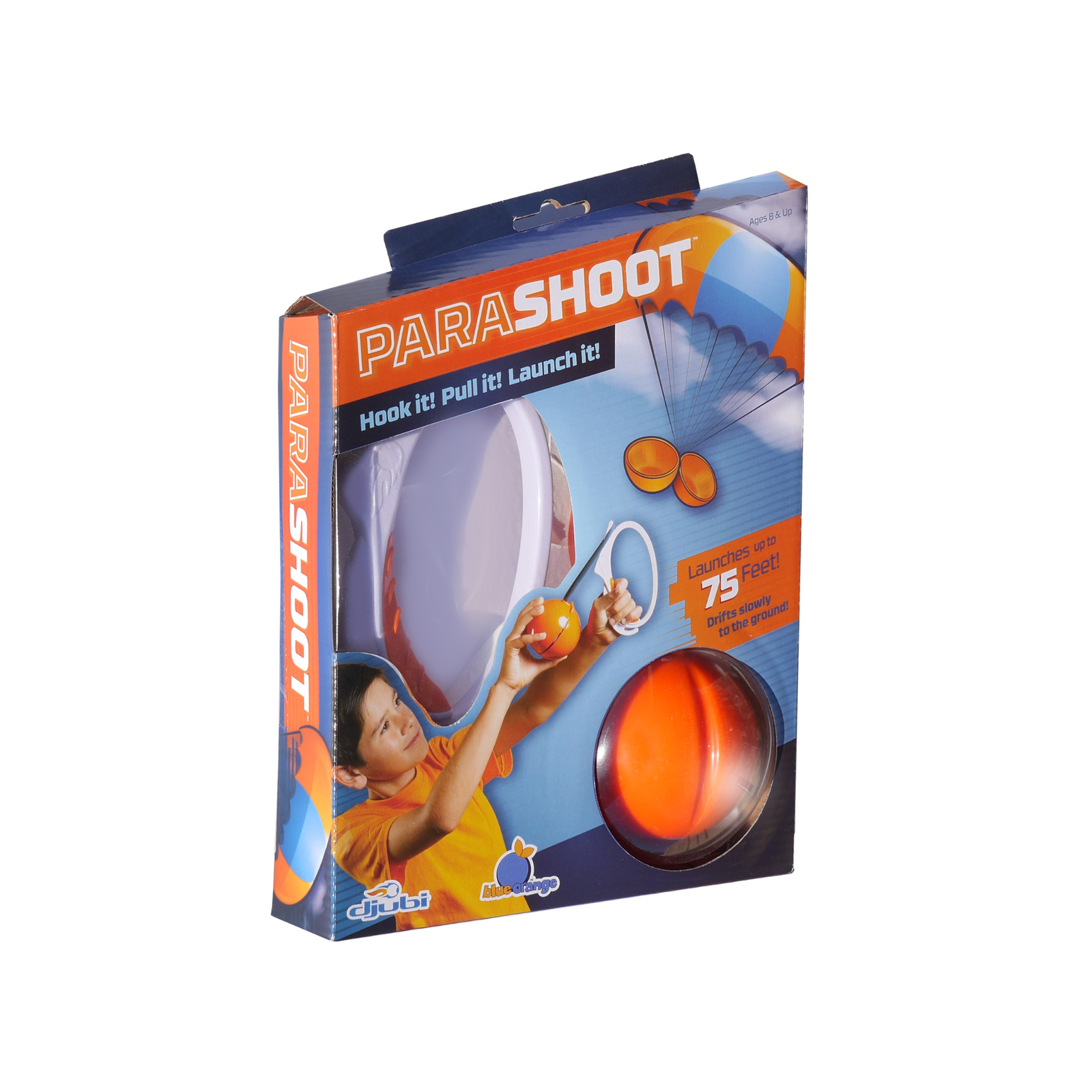 Packaging for Djubi ParaShoot toy featuring the product with a para shooter and launcher, along with an image of a child playing the game.