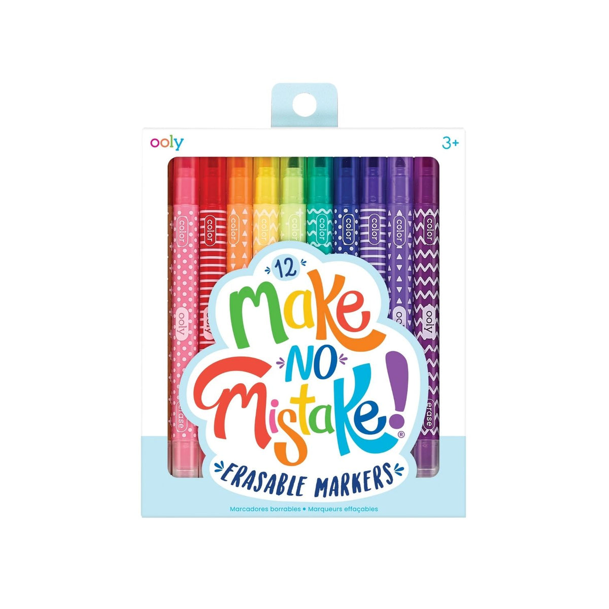 A pack of 12 &#39;Make No Mistake&#39; erasable markers by ooly, with markers displaying colorful patterns and the branding visible on the packaging.