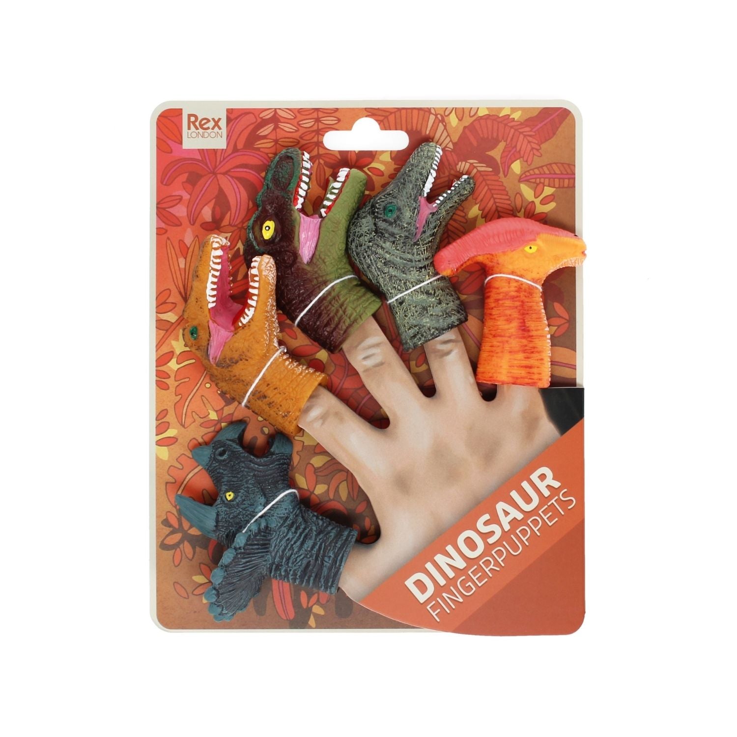 Packaged dinosaur finger puppets with a hand model on a colorful background