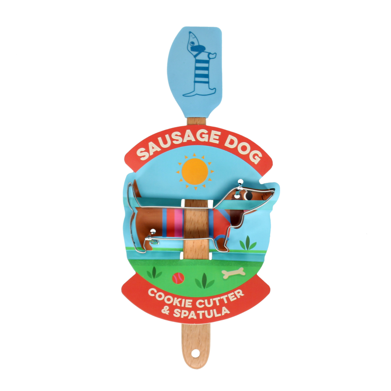 Sausage dog-themed cookie cutter and spatula set on a white background