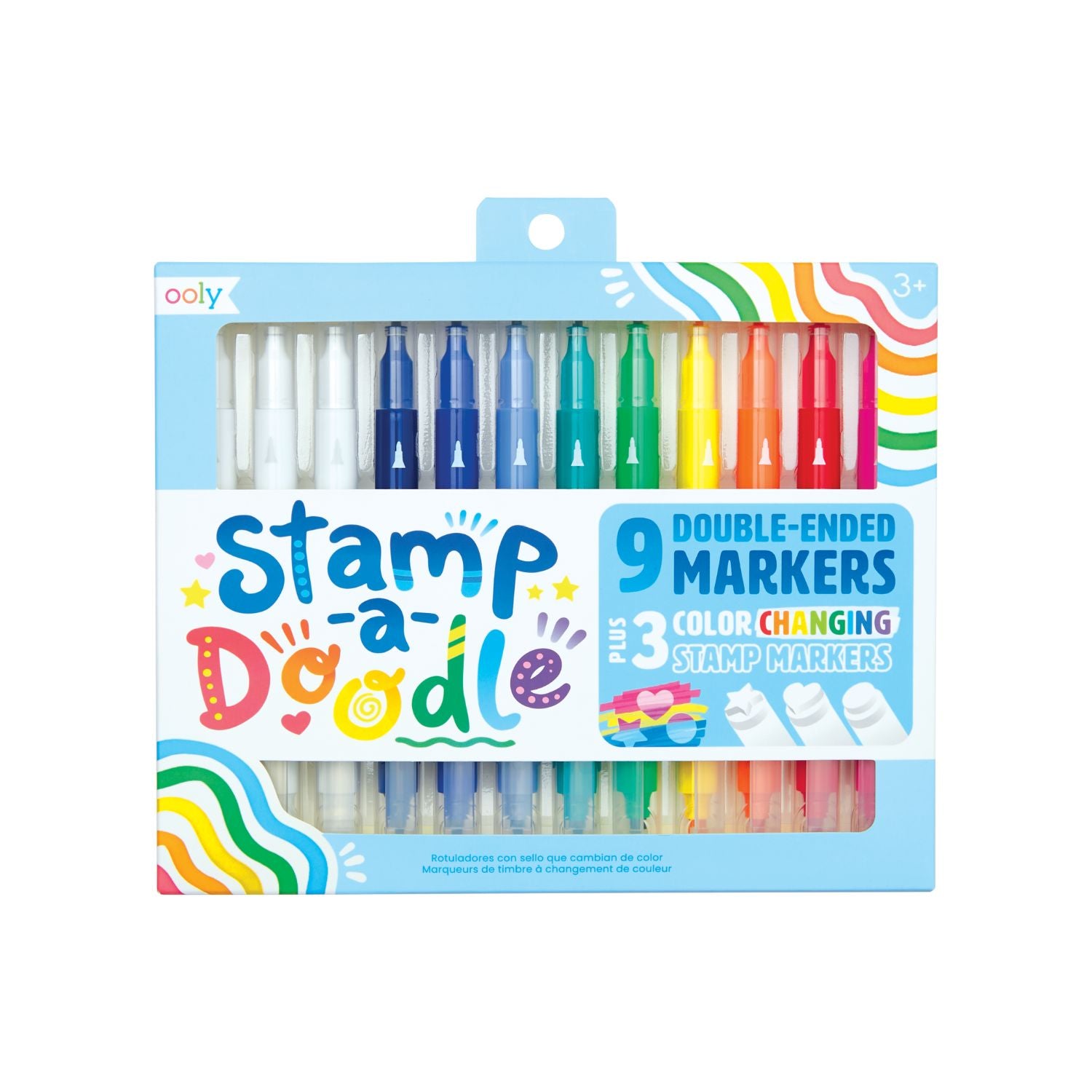 A pack of Stamp-a-Doodle double-ended markers with chisel and precision tips, including three color-changing stamp markers with heart, circle, and star designs.
