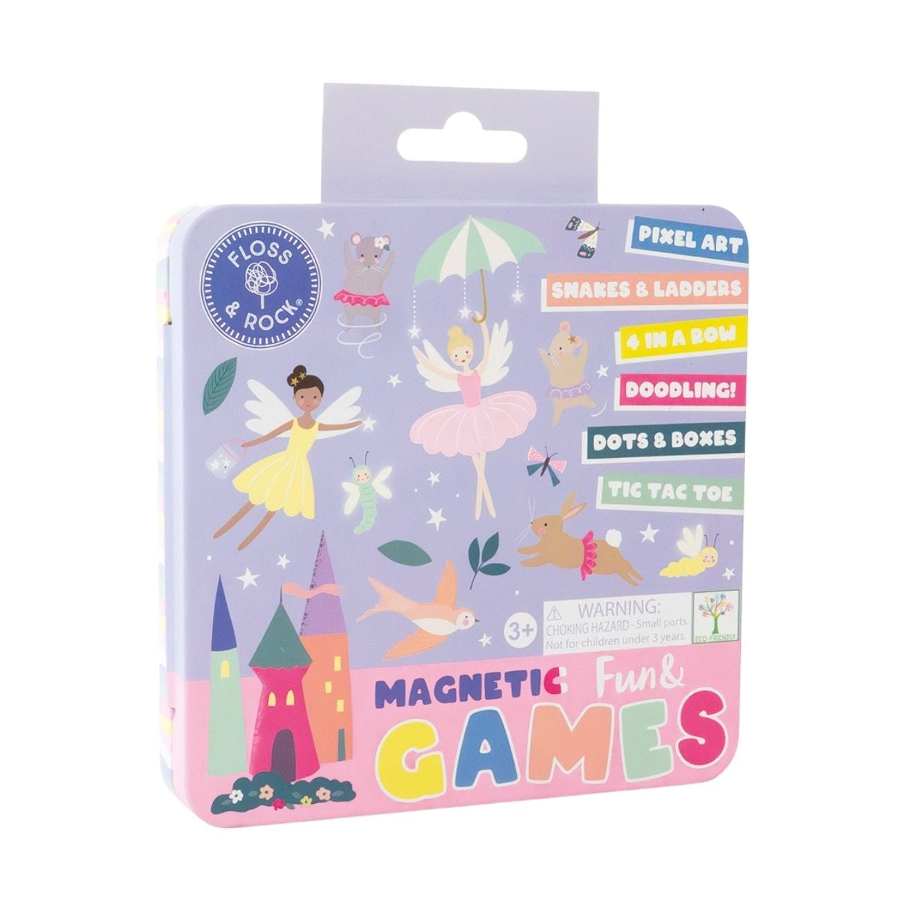 Packaging of Floss & Rock magnetic games tin with fairy and castle illustrations on a white background