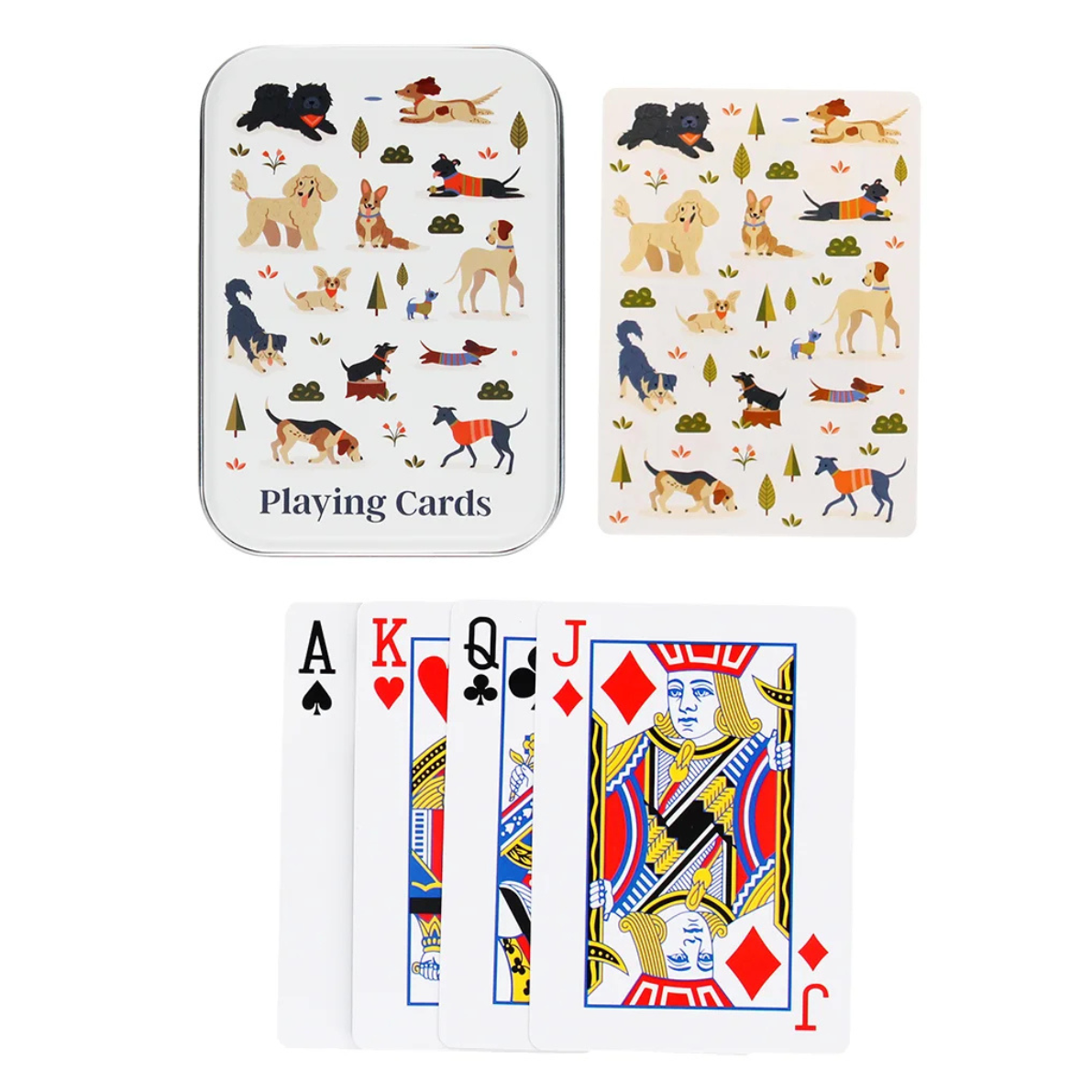 Playing cards with dog illustrations on a white background