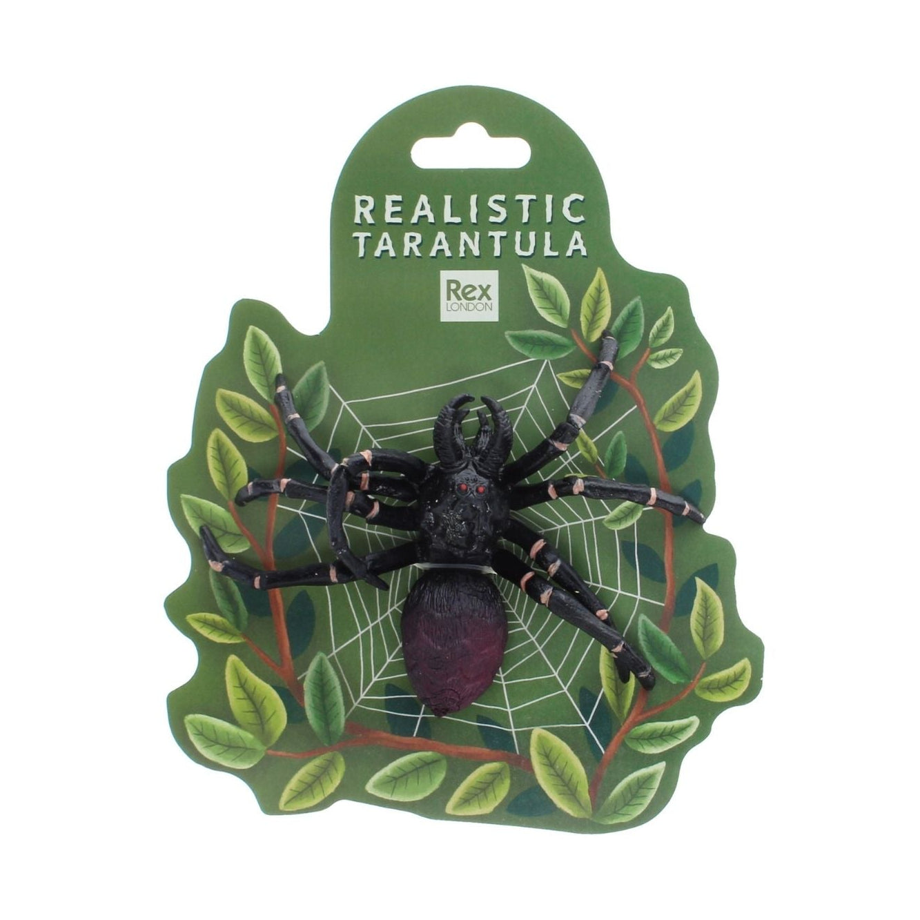 Realistic spider tarantula toy on a green packaging with 'Rex' branding