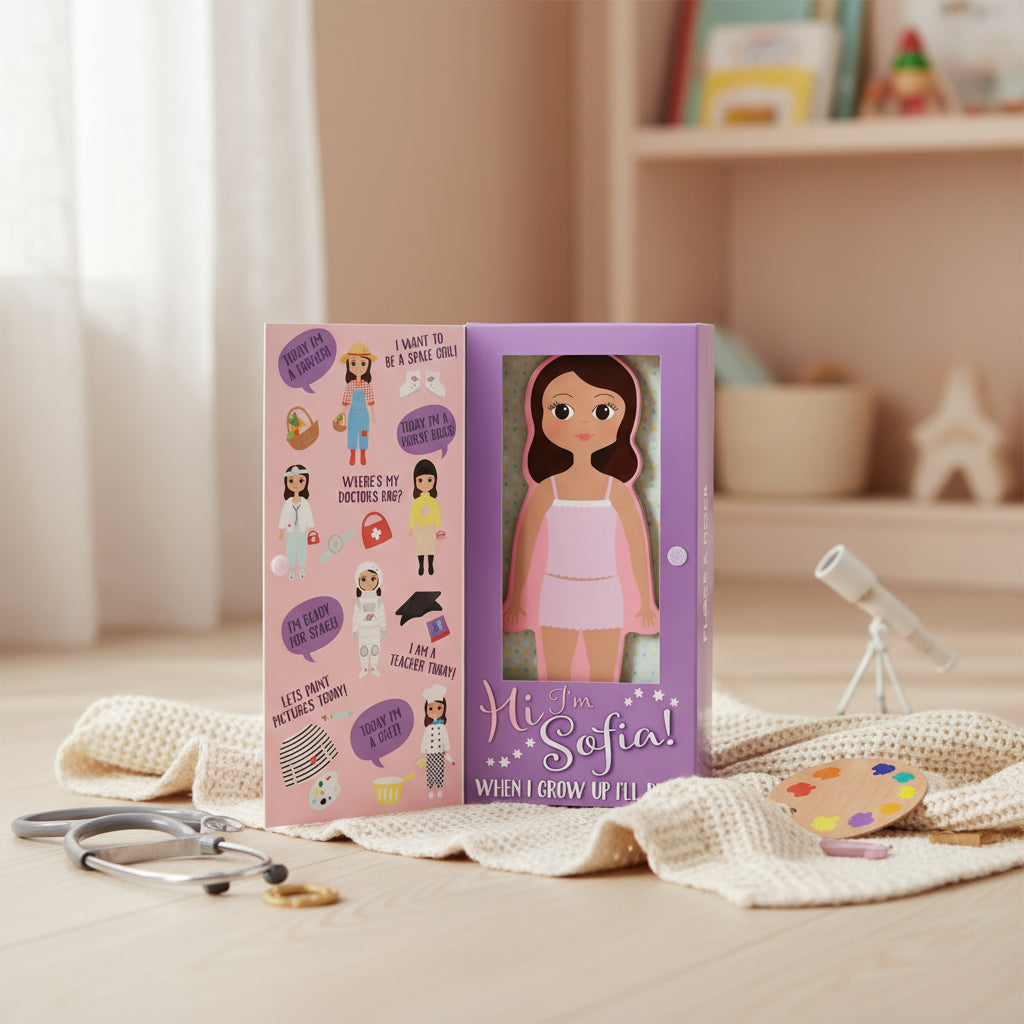 Magnetic Dress up Doll in a purple box with character options and &#39;Hi I&#39;m Sofia!&#39; text.