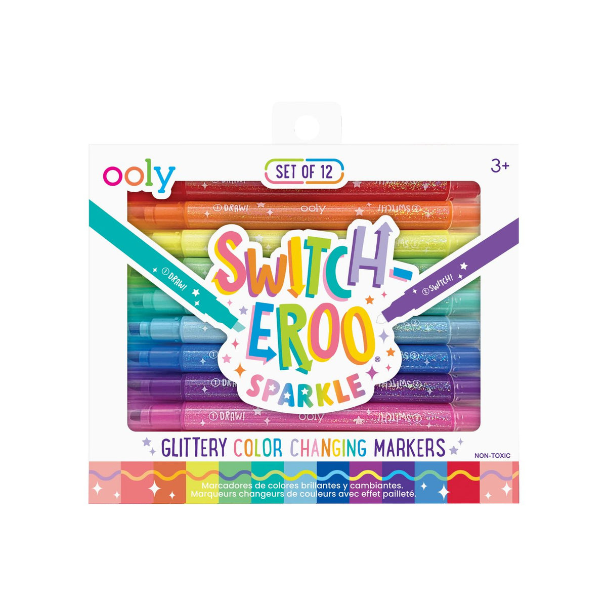 A pack of Ooly Switch-eroo Sparkle Glittery Color-Changing Markers, featuring 12 markers with rainbow colors on one end and a multicolor tip on the other, packaged in a clear box with a multicolored design.