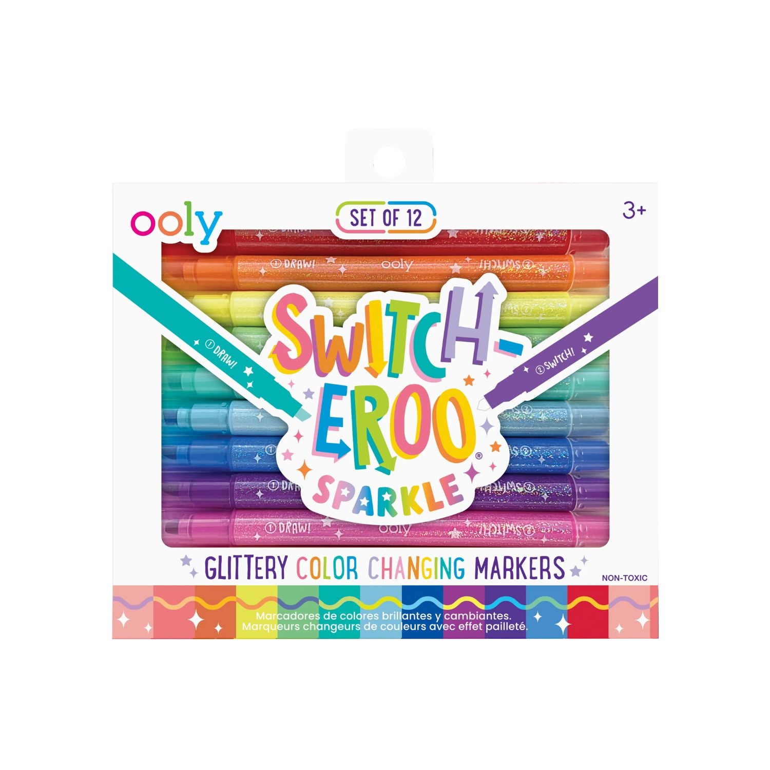 A pack of Ooly Switch-eroo Sparkle Glittery Color-Changing Markers, featuring 12 markers with rainbow colors on one end and a multicolor tip on the other, packaged in a clear box with a multicolored design.