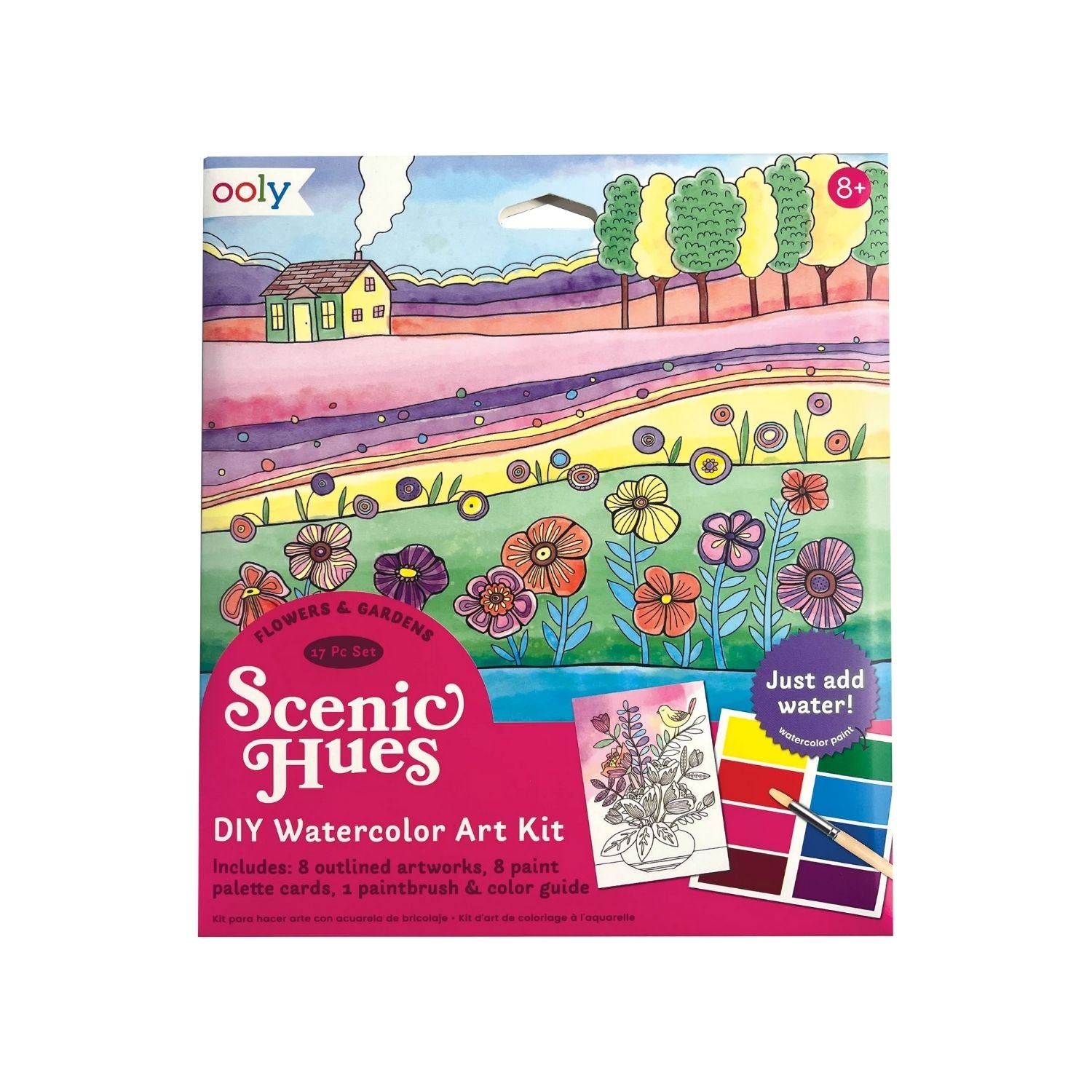 Packaging of Scenic Hues DIY Watercolour Art Kit with illustrations of gardens and flowers, including a paintbrush and color guide.