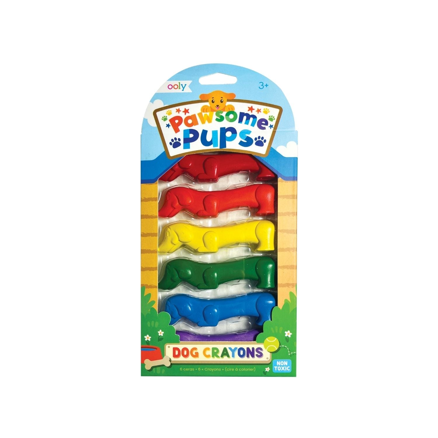 A set of six dog-shaped crayons in red, blue, yellow, orange, purple, and green, packaged in a cardboard backing with a 'Pawsome Pups' brand header.