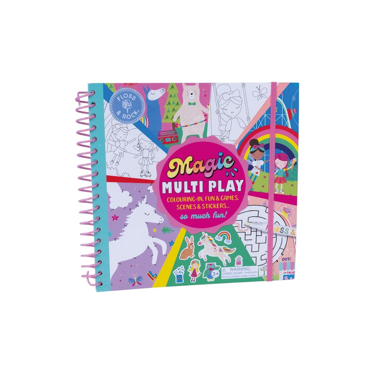 Coloring book titled &#39;Magic Multi Play&#39; with spiral binding on a white background