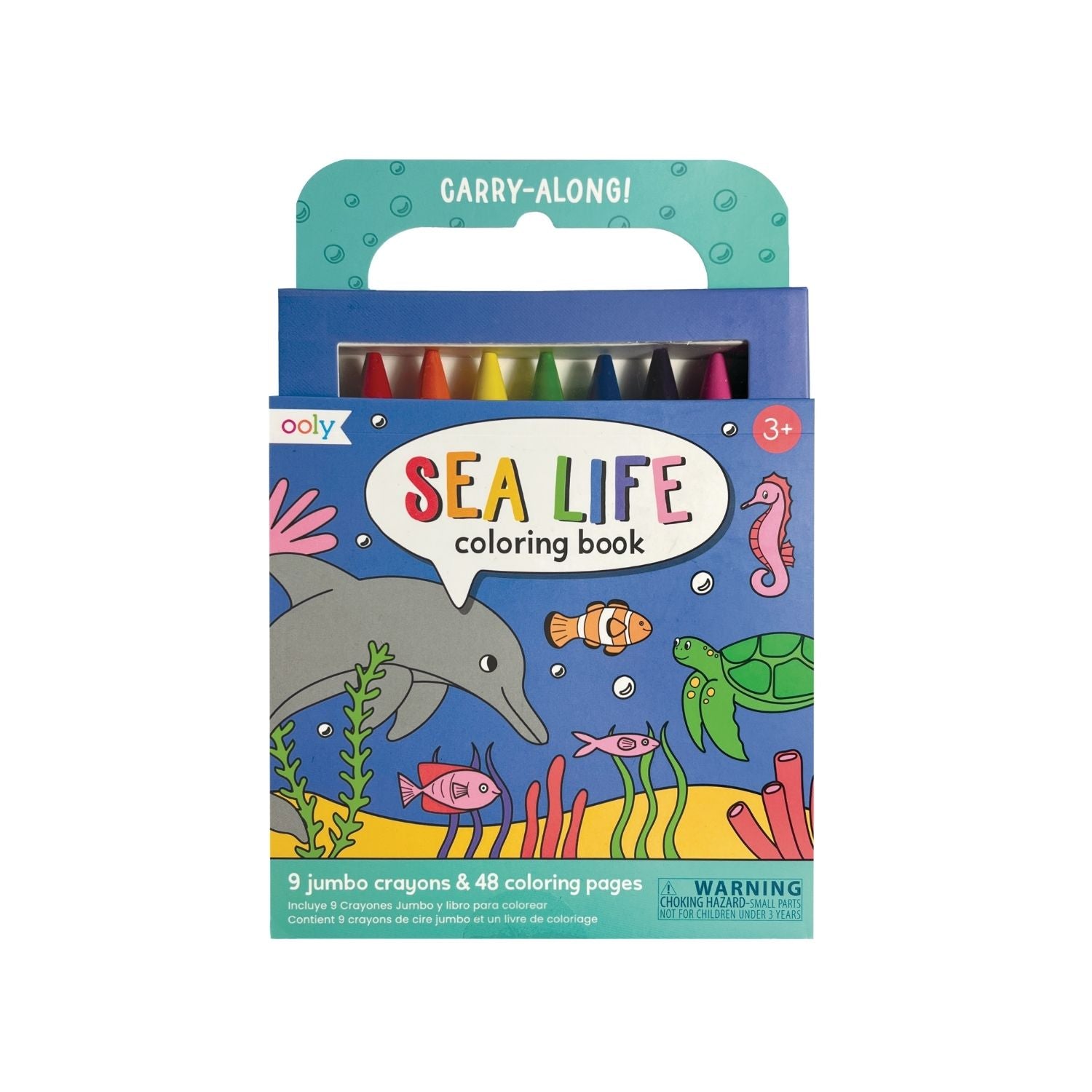 A carry along sea life coloring book set by Ooly, featuring 9 jumbo crayons and 48 coloring pages with sea-themed illustrations.