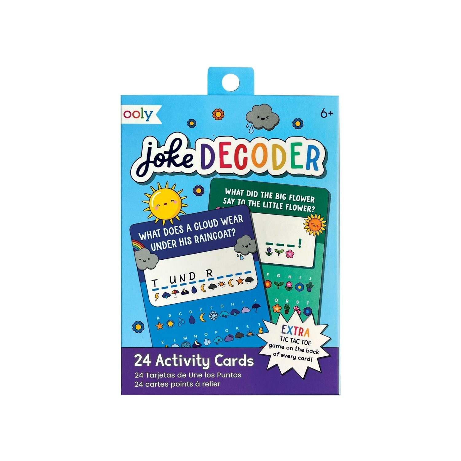 Packaging for 'Joke Decoder Activity Cards' featuring 24 activity cards for children with a focus on puzzle-solving and humor.