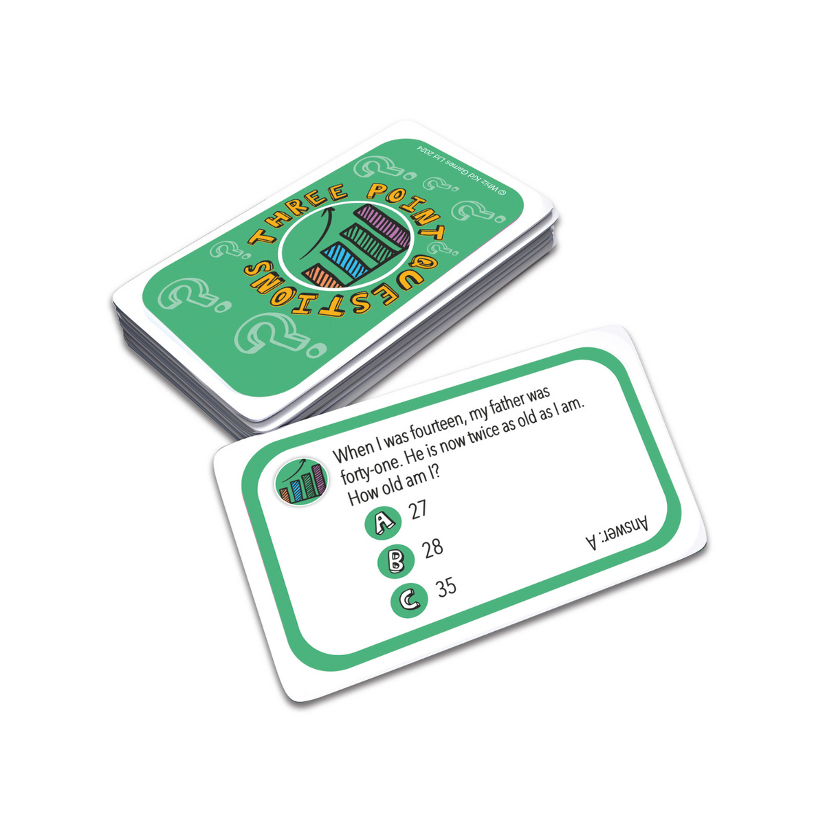 An example of educational gameplay card with a logic and spatial reasoning question card showing clear, readable brain-teasers and visual puzzles.