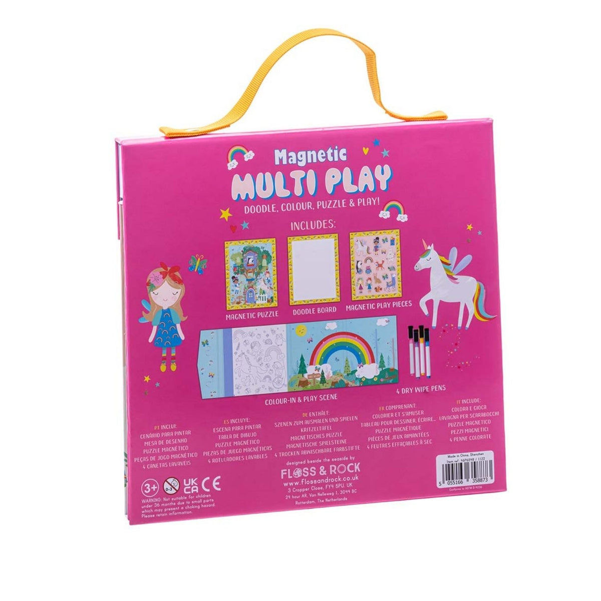 The compact Rainbow Fairy activity case folded shut, highlighting the sturdy carry handle and the vibrant, whimsical artwork on the exterior.