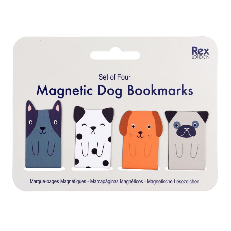 A set of four magnetic dog bookmarks in different colors, packaged in a clear plastic box with the Rex London branding at the top.
