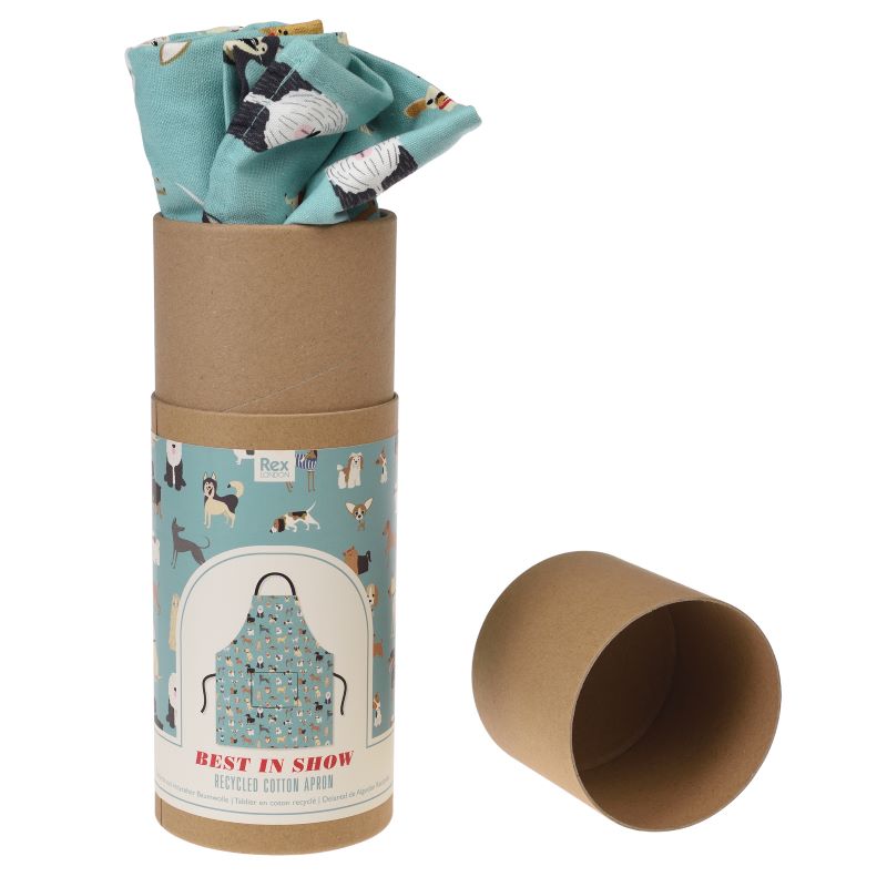 Kitchen Apron with blue colour with cartoon dogs print in a cardboard container