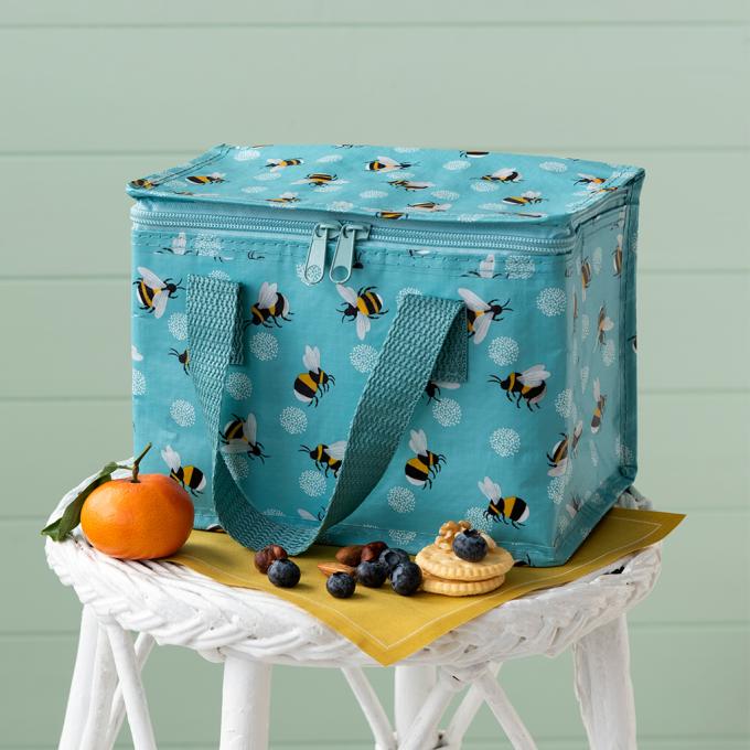 Bumblebees Insulated Lunch bag to keep food fresh. Made from recycled plastic bottles, it is foil-lined, foldable, and easy to wipe clean.