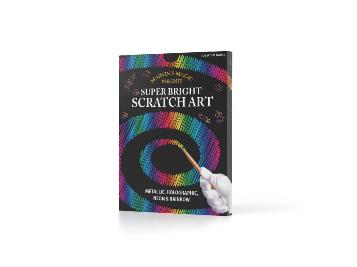 A package of Marvin's Magic Super Bright Scratch Art featuring a colorful design on the cover with a scratch art tool illustrated in the foreground.